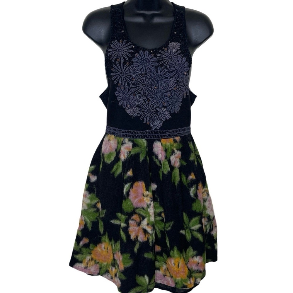 Vtg‎ FREE PEOPLE Black Dark Floral Wool Fit Flare Dress Y2K Twee Boho Chic Sz L